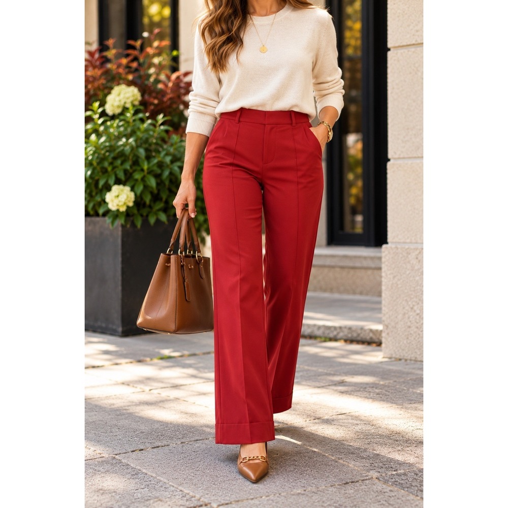 Jones Sport Womens Red Wide Leg Stretch Cotton Trousers Cuffed Hem Size 8